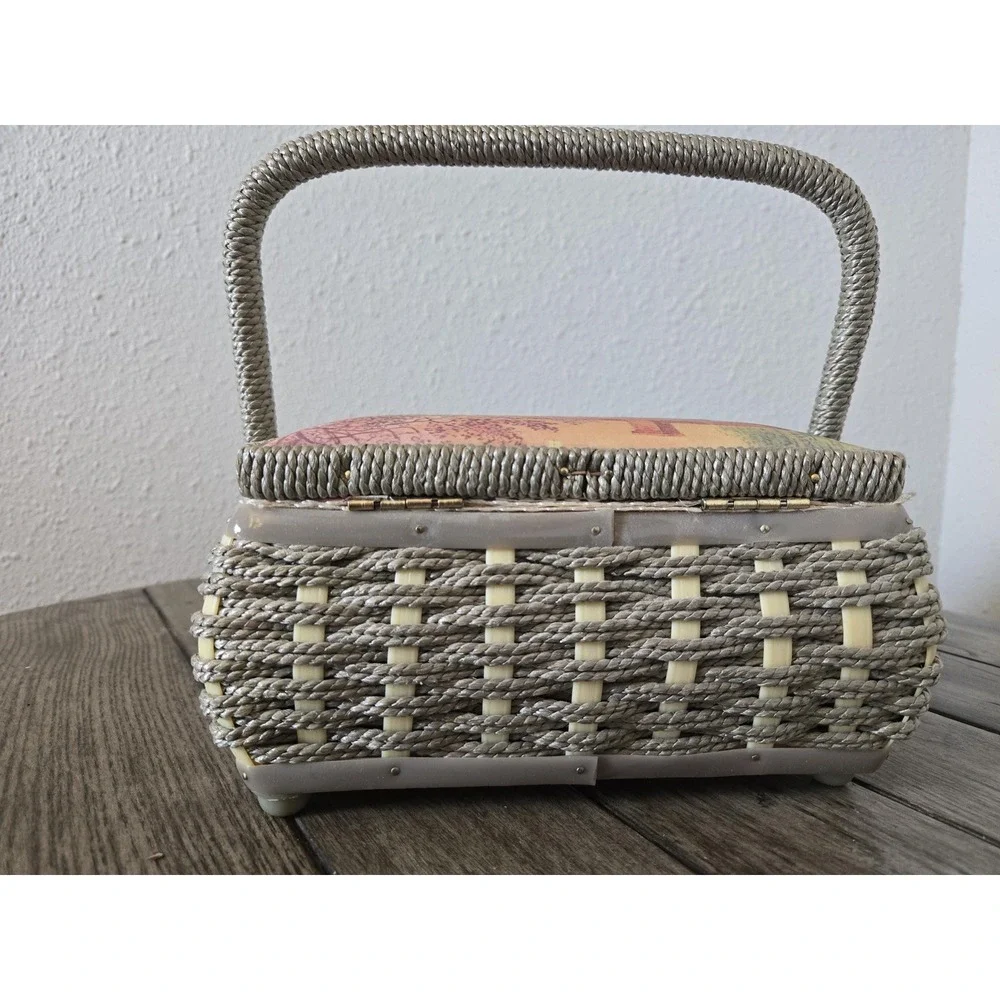 Vintage Woven Wicker Sewing Storage Basket Handled Lined Country Farmhouse Scene